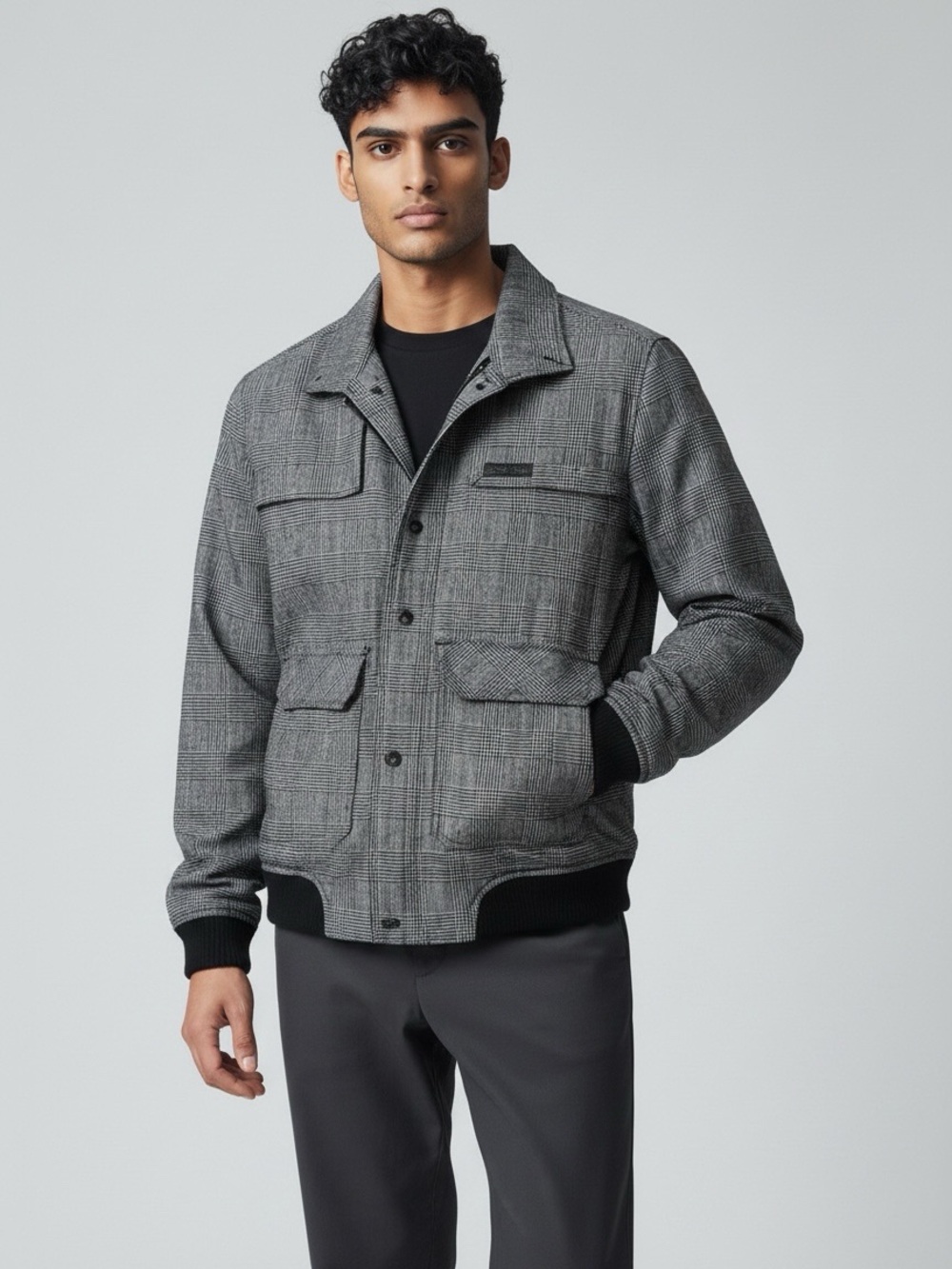 Ezekiel Herringbone Plaid Bomber Jacket Black & White